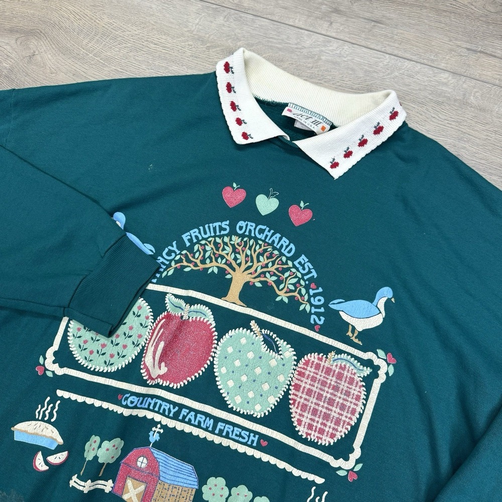 VTG Apple Orchard Teal Blue L/S Polo Pullover Women's Sz XL USA VTG FAIR STAINS